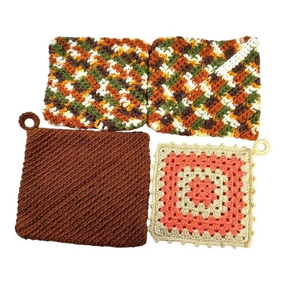 Handmade MCM Crochet Pot Holders Set 4-Pack 6"x6" Cottage Country Kitchen Decor - Picture 1 of 5